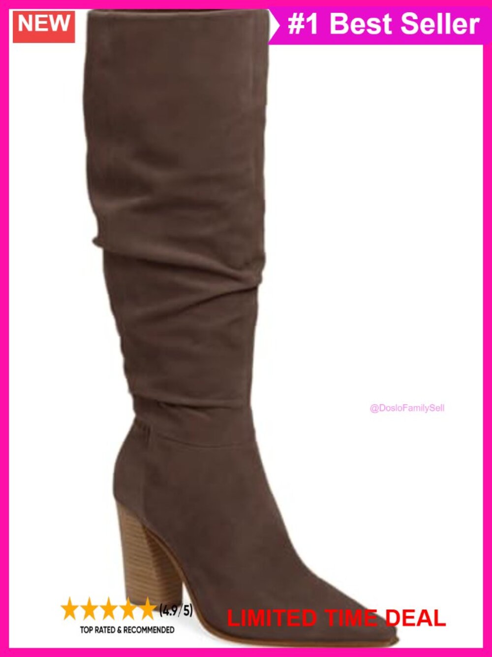 Faux Suede Knee High Boots Pointed Toe Block Heel Side Zip Party Dress